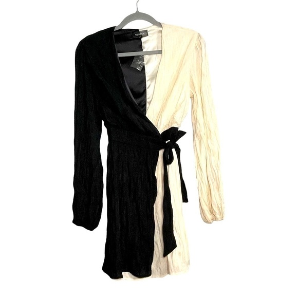 WOMEN MINI COLOR-BLOCK DRESS  CREPE SURPLICE NECK WRAP M - 4S13NNA WEILA DRESS - Picture 1 of 17